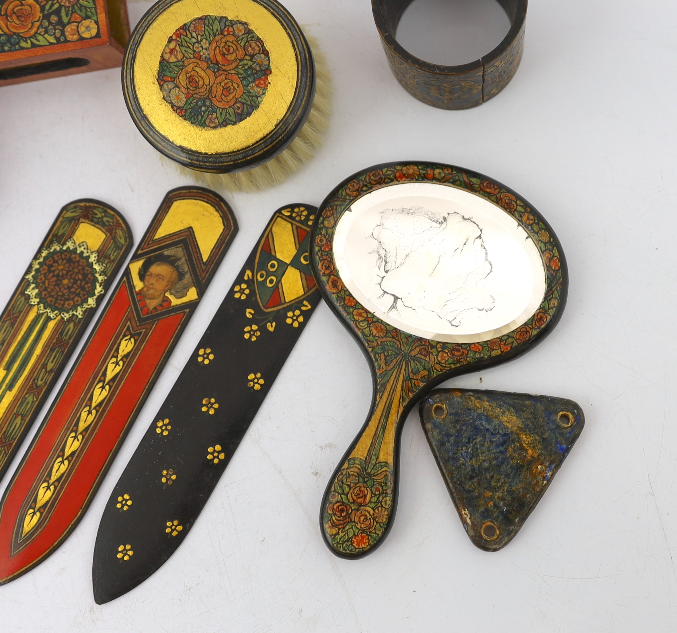 Gwendolen Beatrice White (British, 1904-1981) & Others, Paintings on woodwork, whitewood with stained and gilt gesso decoration